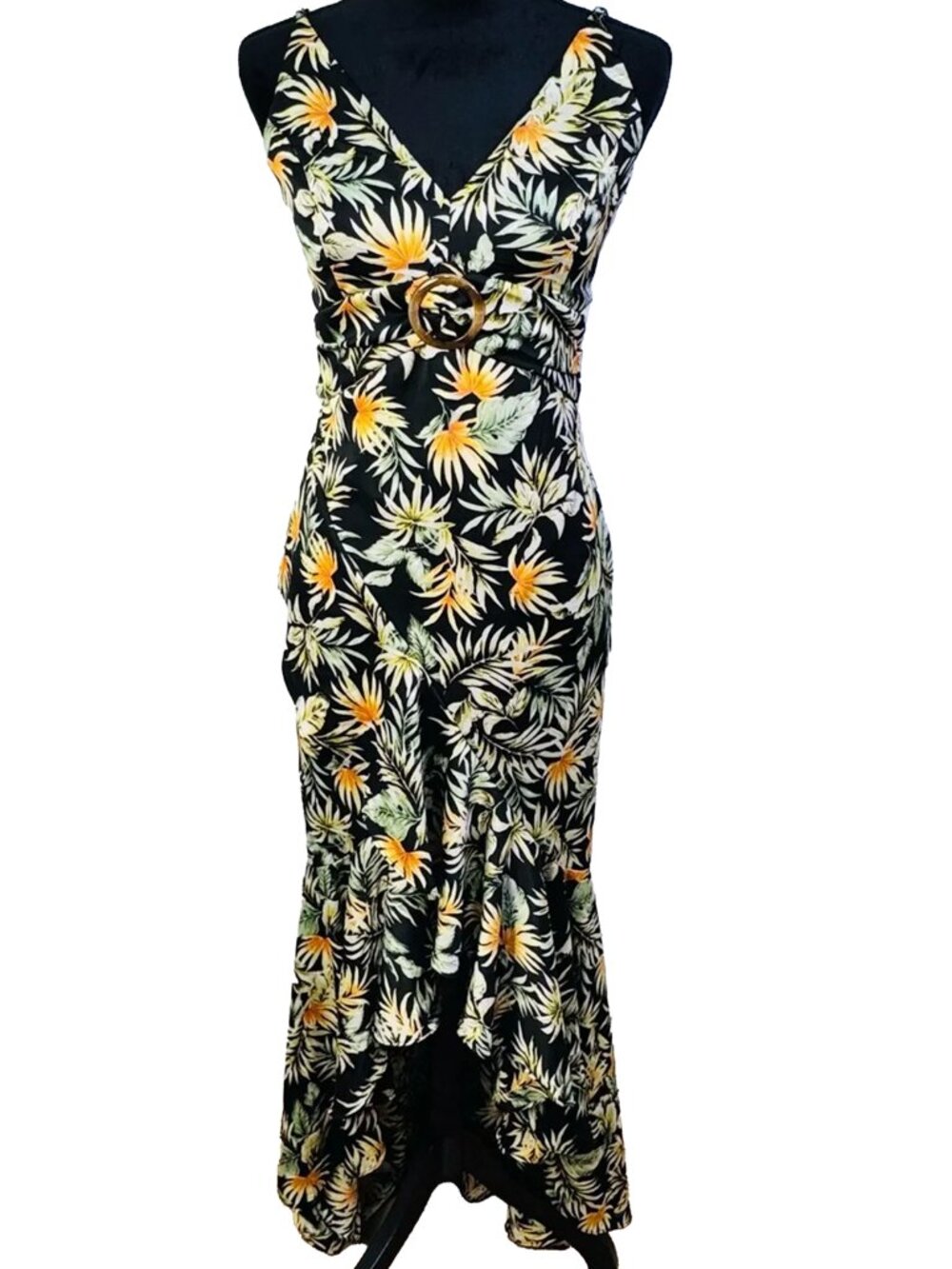 AKIRA Tropical Floral Maxi Dress Large Resort Cruise Wear Vacation Glam